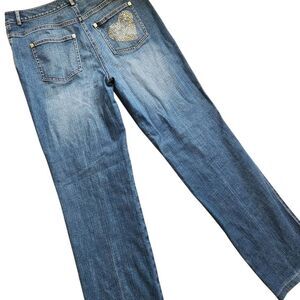 St John Jeans Straight High Rise Womens 8 Rhinestone Heart Mid Wash Denim Boho L